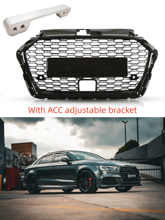 RS Style Honeycomb Sporty Gloss Black Front Grille Fit For AUDI S3 A3 8V FL 2017-2020 with ACC