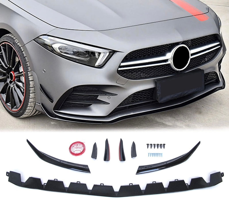 W177 A Class Hatchback Sedan Sport Front Bumper Bar Lip Spoiler Vent Insert Canards Set in Gloss Black