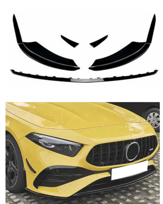 Front Bumper Aerodynamic Lip Kit Gloss Black | W177 V177 A-Class Sport (2023+) Facelift | 5-Piece Splitter Kit