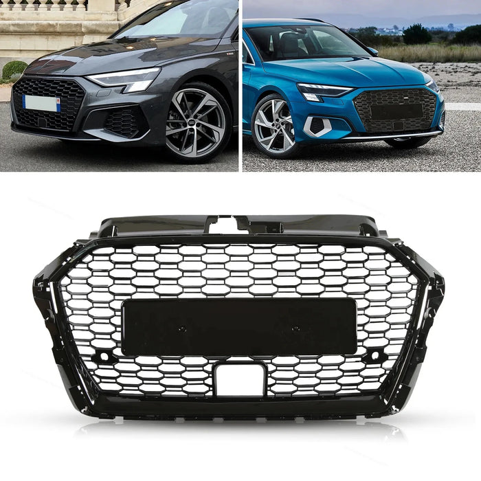 RS Style Honeycomb Sporty Gloss Black Front Grille Fit For AUDI S3 A3 8V FL 2017-2020 with ACC