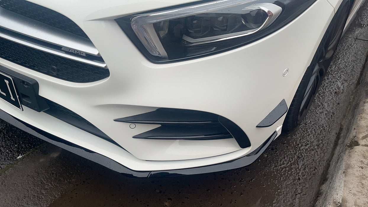 W177 A Class Hatchback Sedan Sport Front Bumper Bar Lip Spoiler Vent Insert Canards Set in Gloss Black