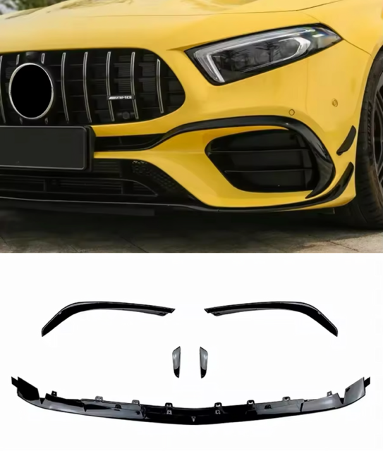 W177 A45S AMG Hatchback Front Bar Lip Splitter Canards Aerodynamic Kit Set in Gloss Black
