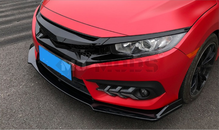 ABS Glossy Black Front Bumper Lip for Honda Civic 10th Gen Sedan Hatch 2016-2019 -- 3 Parts Type (4292182802506)