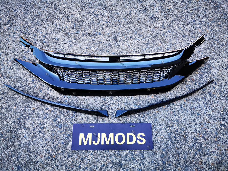 ABS Glossy Black Front Grille for Honda Civic 10th Gen Sedan Hatch 2016-2019 -- Honeycomb Type (4293089460298)